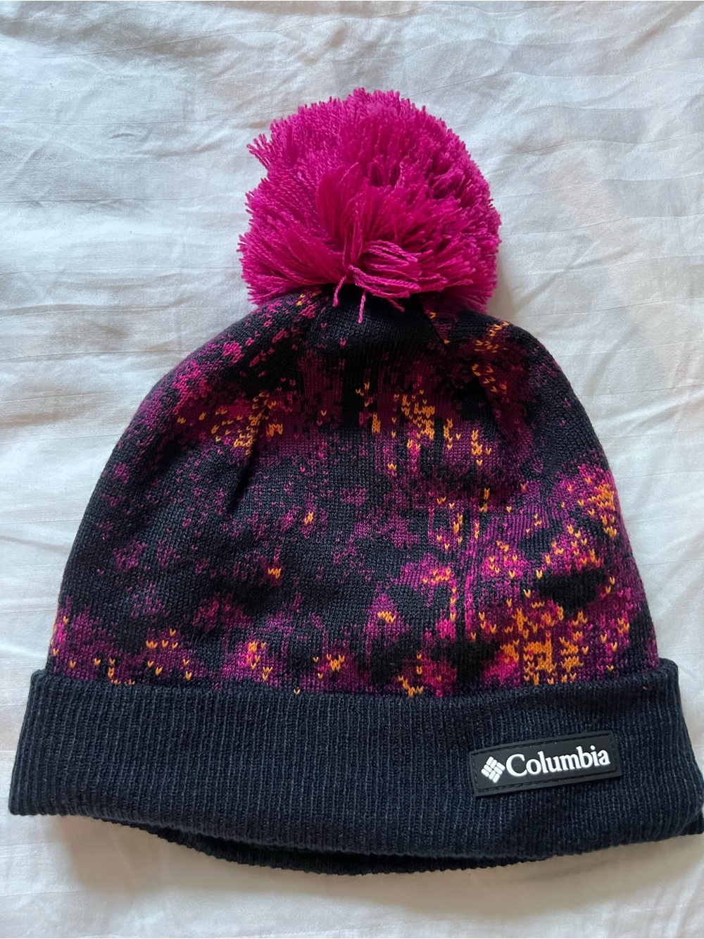 Columbia Omni Heat Beanie with Fuchsia Pom and Pink/Orange Knit Accents